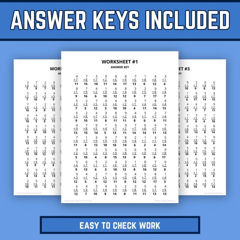 Answer Keys For Math Worksheets featuring single digit addition problems with answers for easy checking