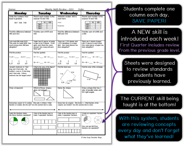 Printable weekly math review answer sheets for math homework with daily columns