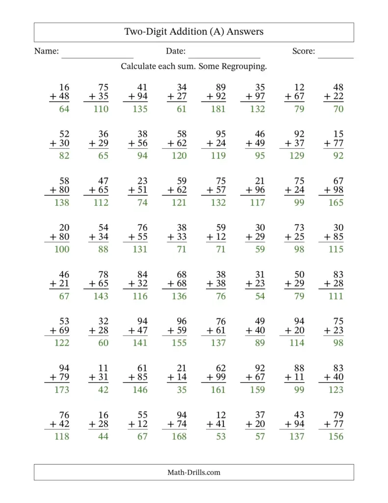 Answers to Math Drills Worksheets