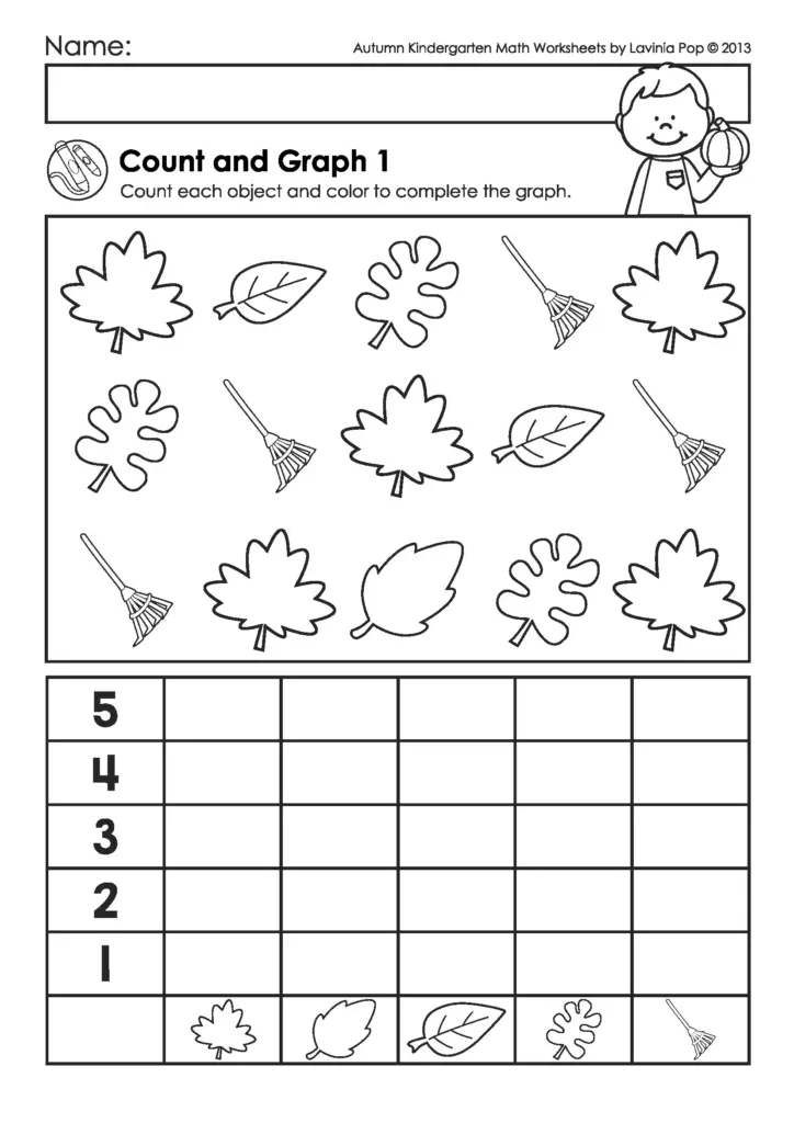 Autumn-themed kindergarten math worksheet for counting and graphing leaves