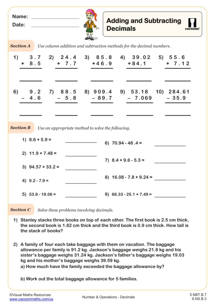 Printable worksheets for adding and subtracting decimals with various problems
