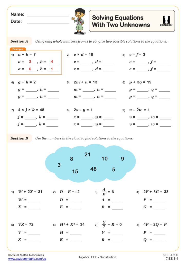 Printable .b.4 worksheets for 4th graders focusing on solving equations with two unknowns