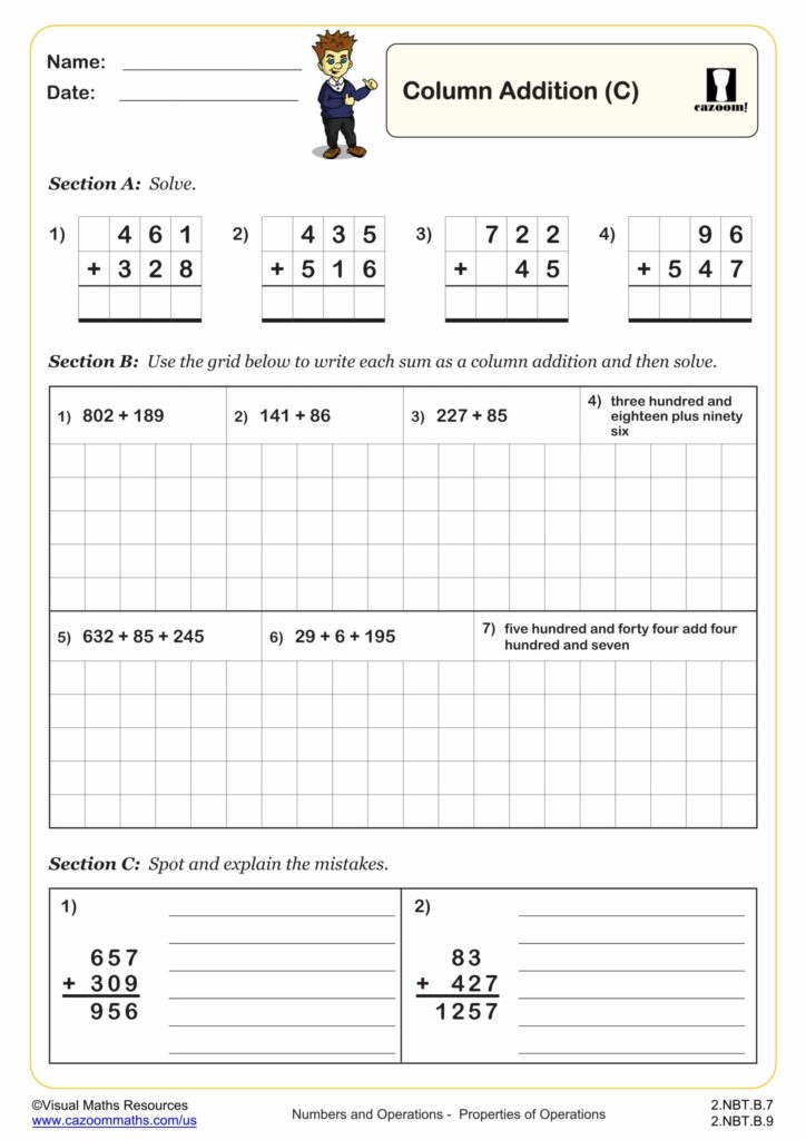 Free Printable .B.9 Worksheets – Column Addition Printable column addition worksheet for .B.9, featuring various addition problems