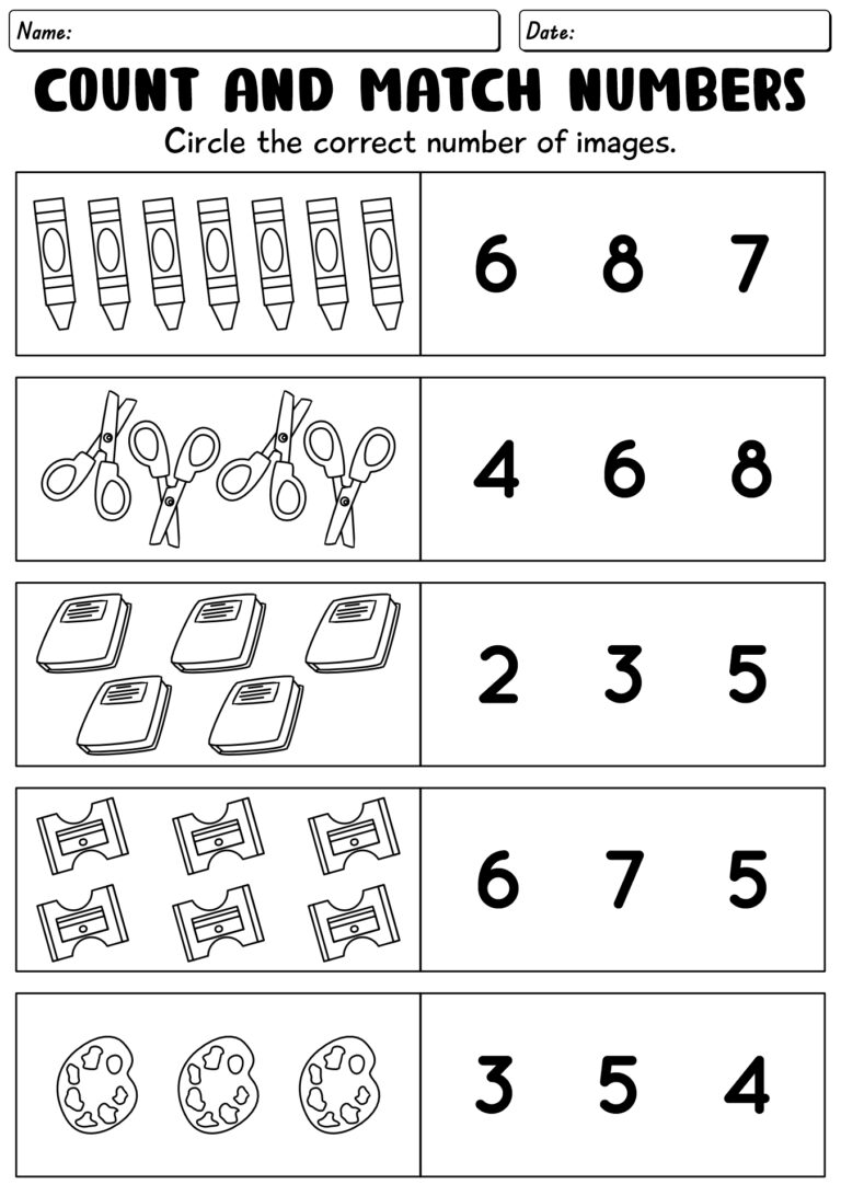 Engaging Back To School Math Review Worksheets for counting and matching numbers with fun s