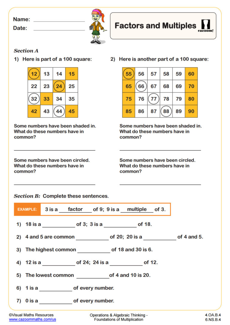 Bargo Public School Maths Sheets featuring a worksheet on factors and multiples for middle school students