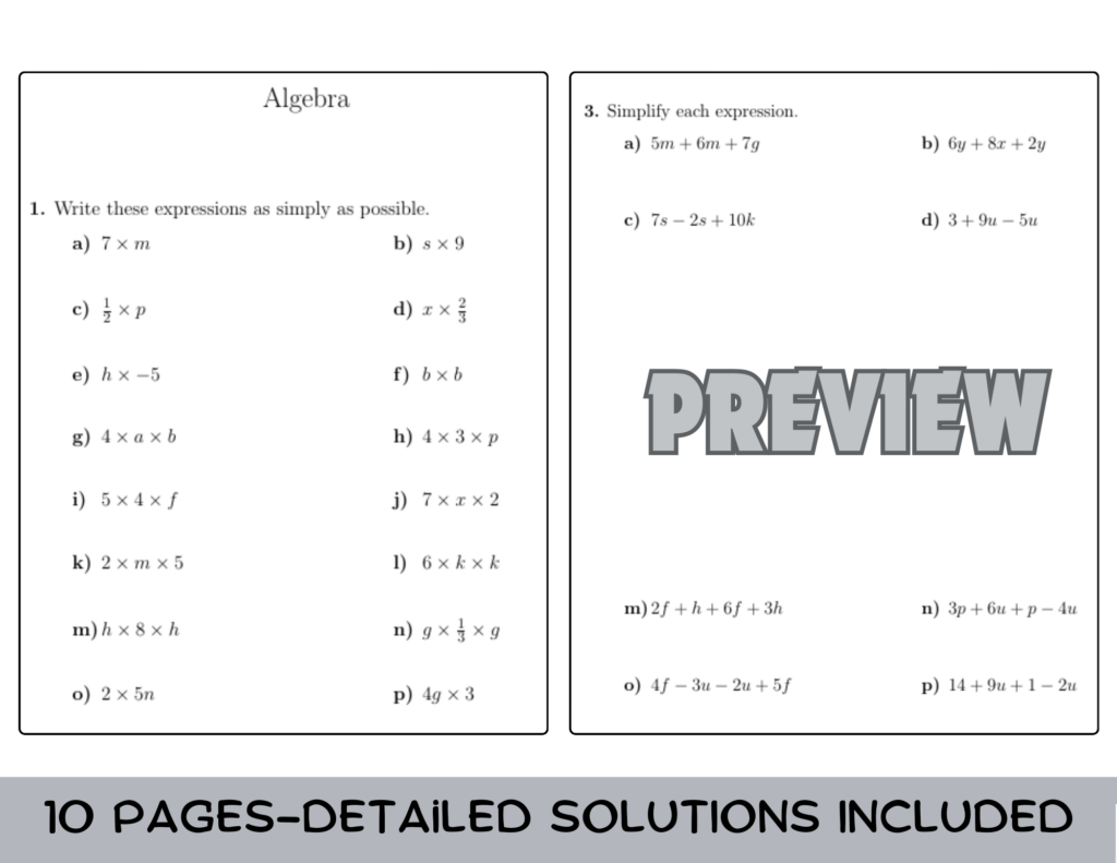 Detailed basic algebra worksheet with solutions for primary school students