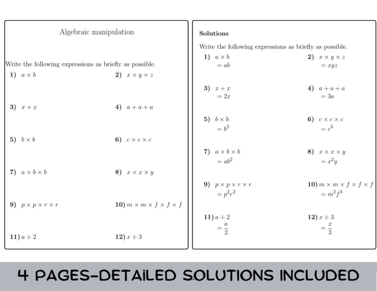 Printable Basic College Math Worksheets With Answers featuring algebraic manipulation exercises and solutions