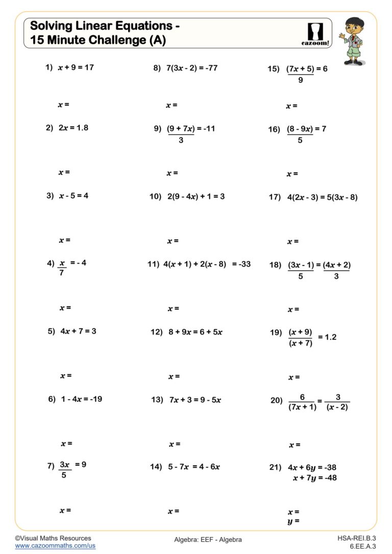 Printable Basic Math Problem Solving Worksheets featuring a 15-minute challenge on solving linear equations