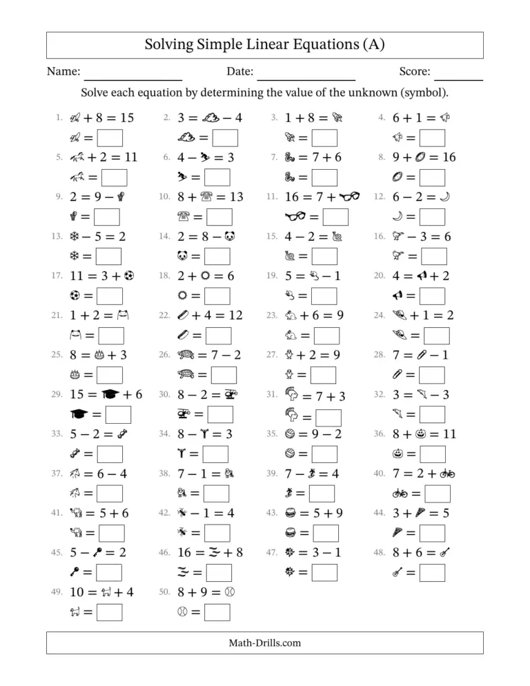 Basic Math Skills Worksheets Answers - Printable worksheet for solving simple linear equations with unknown symbols and answe