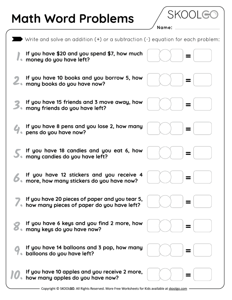 Free printable Basic Math Word Problems Worksheets Free featuring various math problems for kids
