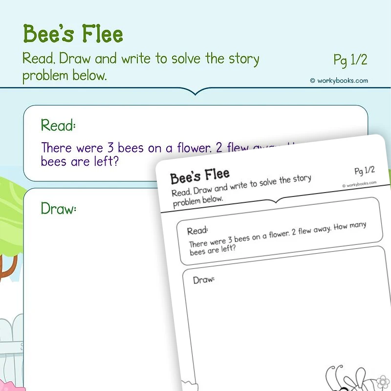 Subtraction word problem worksheet featuring bees and a story problem for kids