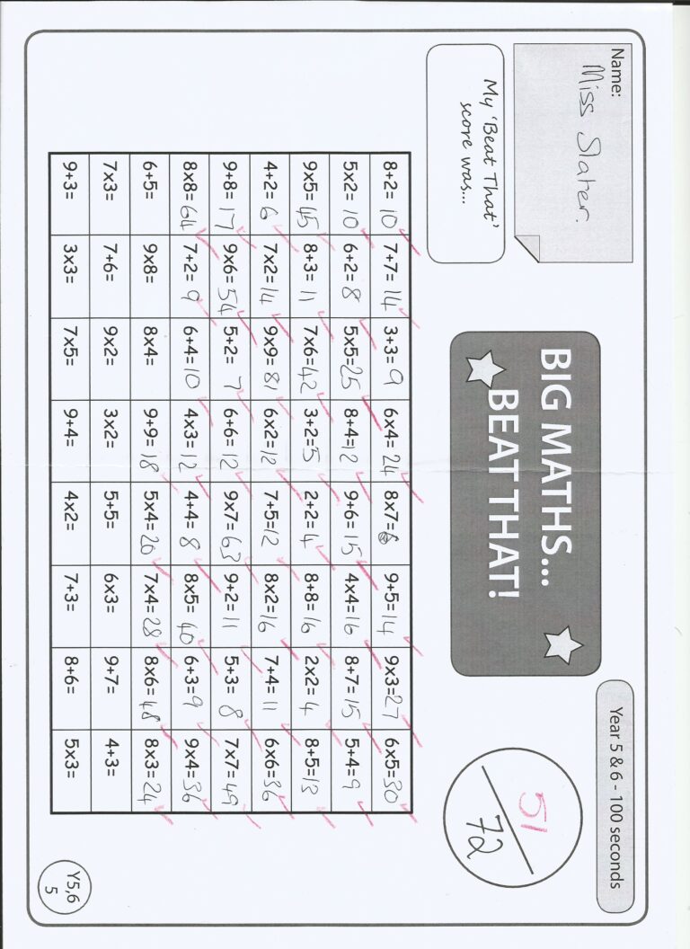 Example of Big Maths Beat That Sheets for Year 6 with completed times table challenges