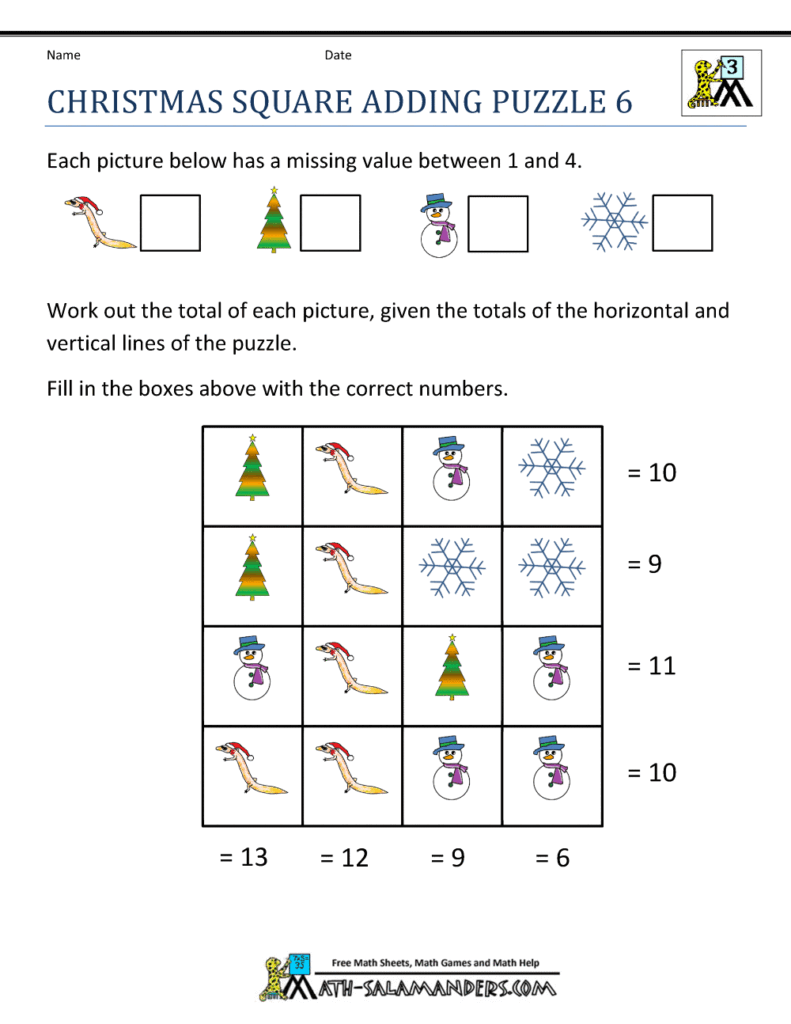 Christmas Math Worksheets for Kids – Adding Puzzle Christmas math worksheet featuring an adding puzzle with festive s