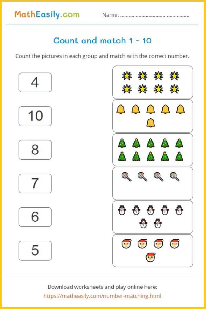 Colorful Christmas worksheets for counting and matching activities