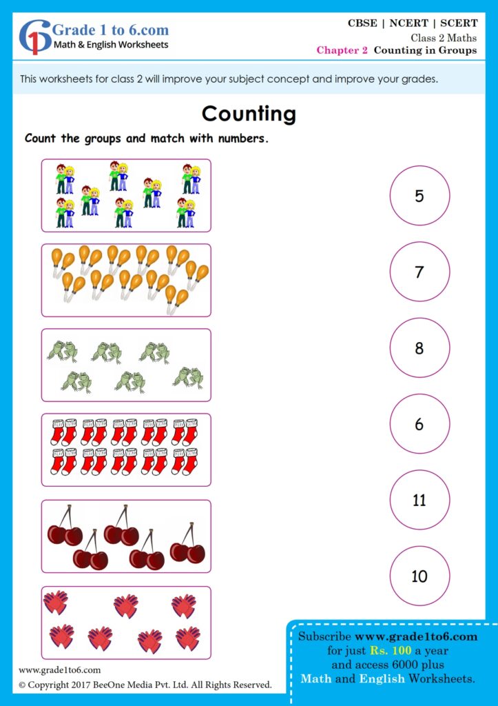 Class 2 NCERT worksheet for counting groups and matching with numbers