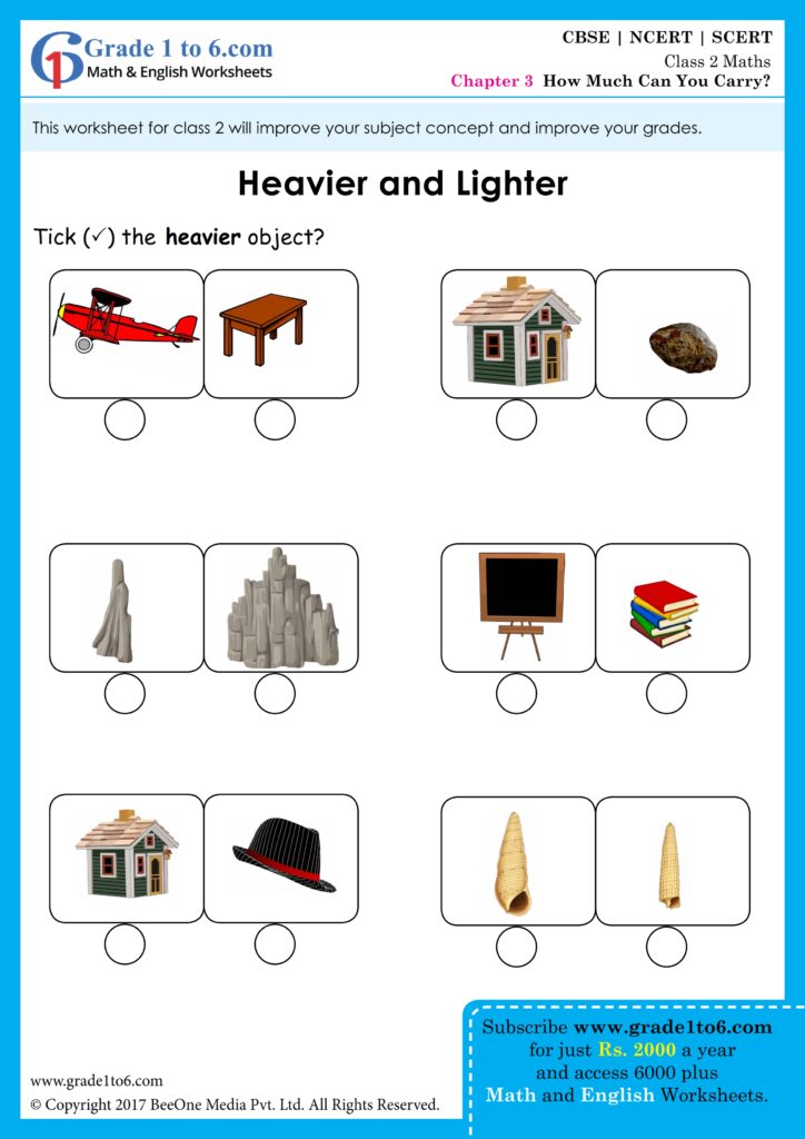 Printable Class 2 NCERT worksheet for comparing heavier and lighter objects