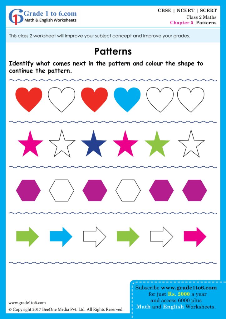 Patterns worksheet for Class 2 students with shapes to identify and color