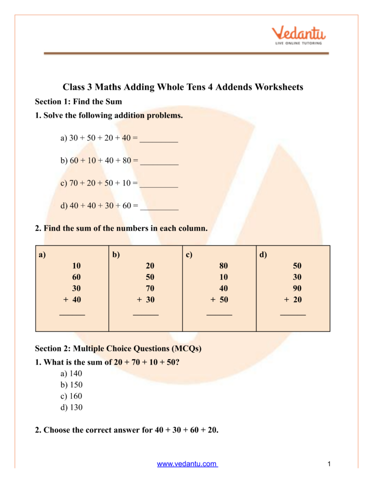 Class 3 Icse Maths Worksheets featuring addition problems with whole tens and multiple addends
