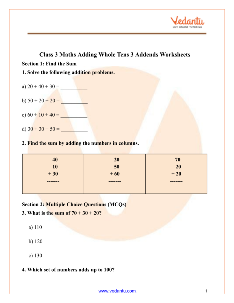 Maths Practice Worksheets For Class 3 – Adding Whole Tens Maths Practice Worksheets For Class 3 with exercises on adding whole tens using three addends