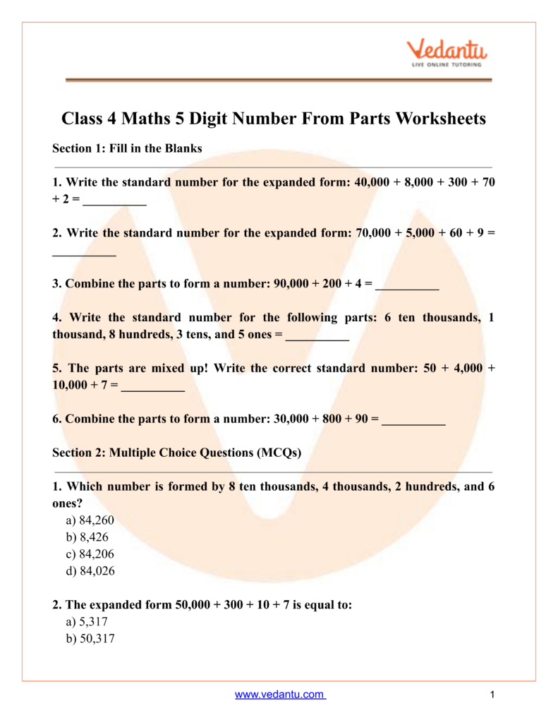 Class 4 Maths Worksheet on 5 Digit Numbers Parts Worksheet for Class 4 maths on creating 5 digit numbers parts with fill-in-the-blank questions