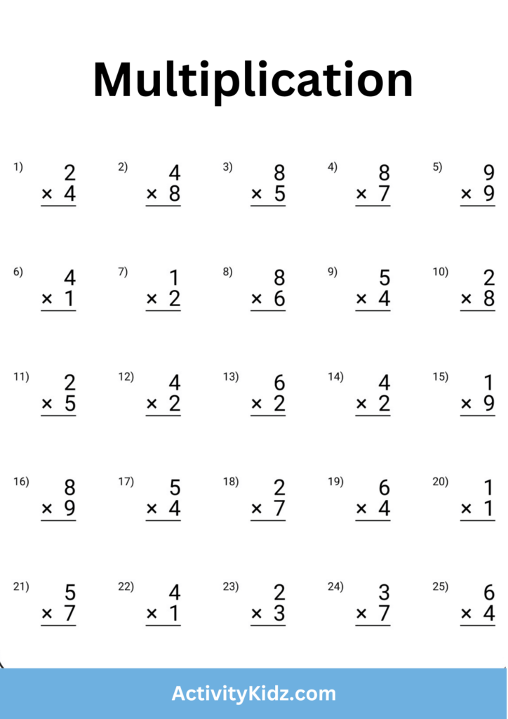 Multiplication worksheets for Class Two with various multiplication problems