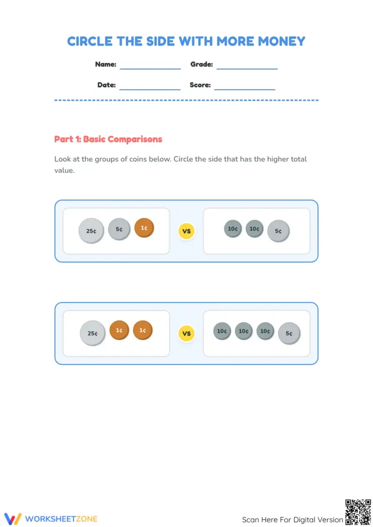 Comparing Worksheets For Grade 2 - circle the side that has more money 1 printable interactive 62c2b4210cd9b2028e32364e