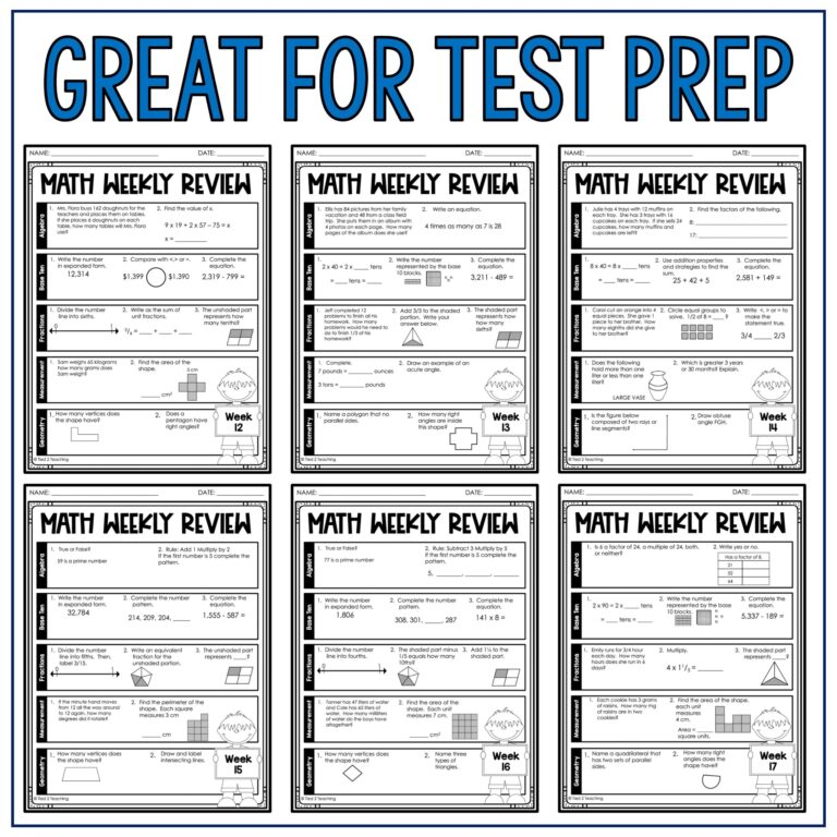 Completed Math Worksheets For Review - 4th grade math packet weekly spiraled review worksheets homework morning work