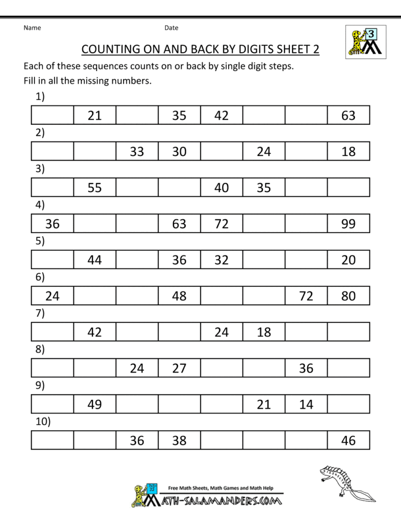 Counting on and back worksheet for practicing number sequences in 2nd and 3rd grade math