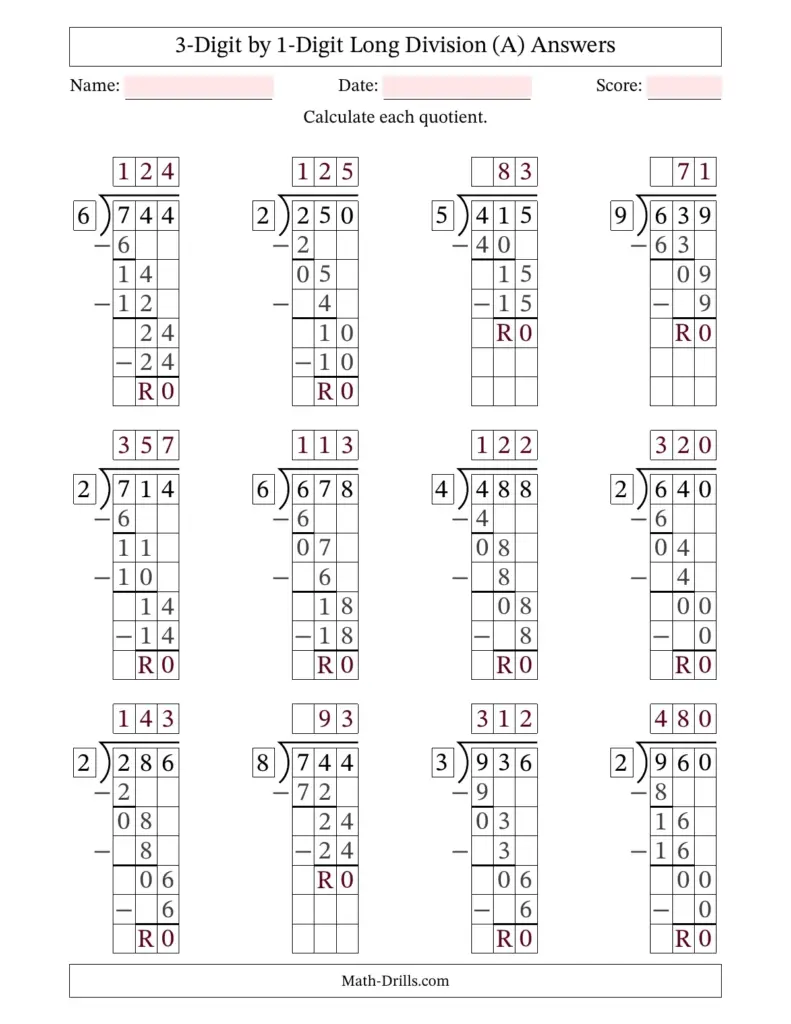 Long division worksheet featuring 1-digit divisor and 3-digit dividend prompts without remainders