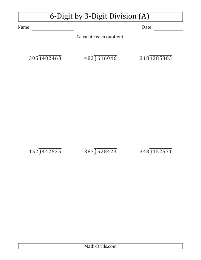 Printable worksheet with 6-digit by 3-digit division problems for students