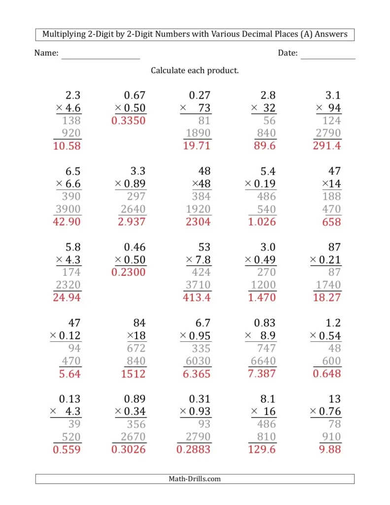 Double Digit Decimal Multiplication Worksheets - Double Digit Multiplication With Decimals Worksheets