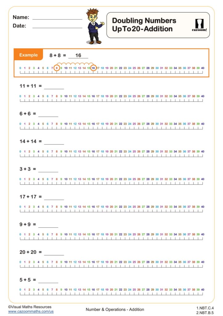 Worksheet for second graders to practice doubling 2-digit numbers with examples