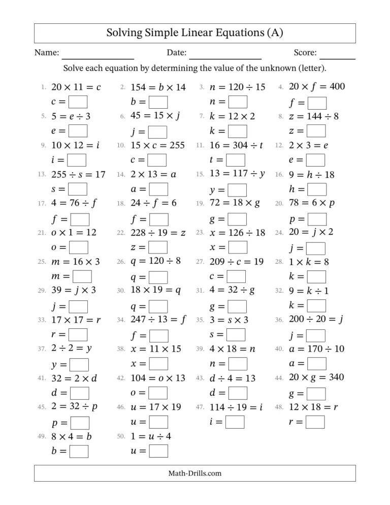 Easy Equations Worksheets Grade 1 2 3 - algebra unknown letters in equations any position multiplication division 0120 001