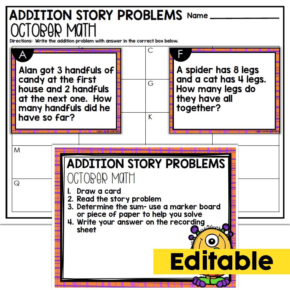Editable 2nd Grade Math Center – October Addition Story Problems Editable worksheet with October-themed addition story problems for 2nd graders