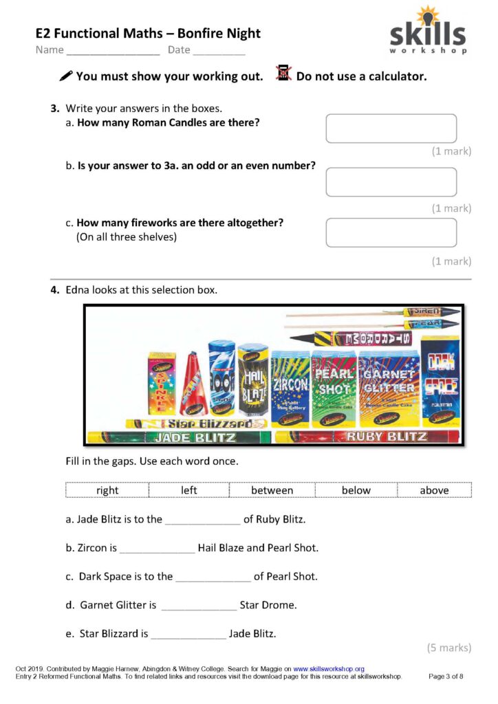 Entry Level 2 Maths Worksheets - bonfire night maths for entry 2 functional skills