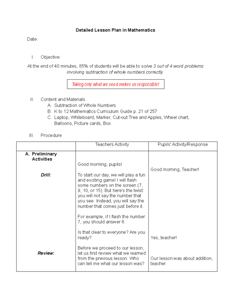 Example of Drill in Lesson Plan in Math