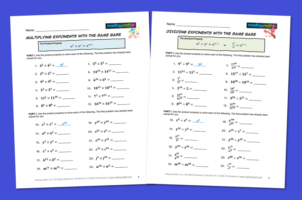 Exponent Rules Worksheets for Math Practice Printable exponent rules worksheets featuring multiplication and division problems