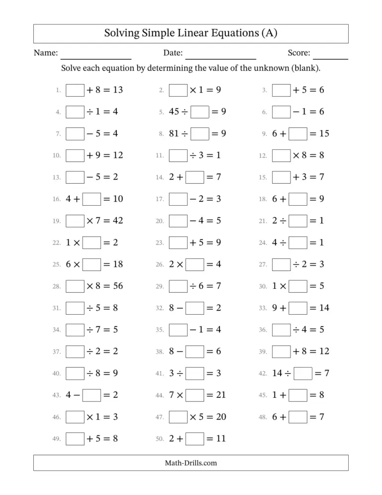 Printable algebra worksheet for solving missing numbers in operations to find any math worksheet answers