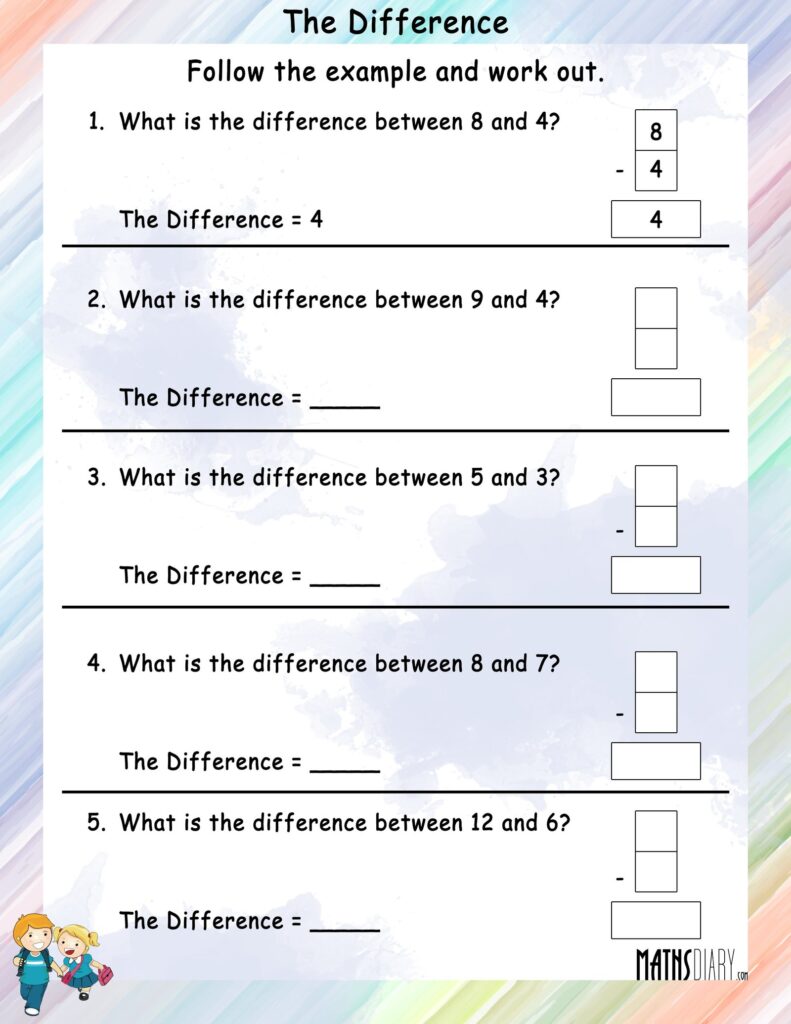 Printable Find The Difference Math Worksheets featuring a worksheet with subtraction exercises