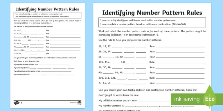 Free printable Find The Rule Math Worksheet for identifying number pattern rules with examples