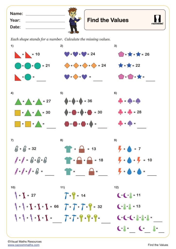 Find the Values Worksheet for Maths Practice Worksheet for finding values represented by shapes in maths problems