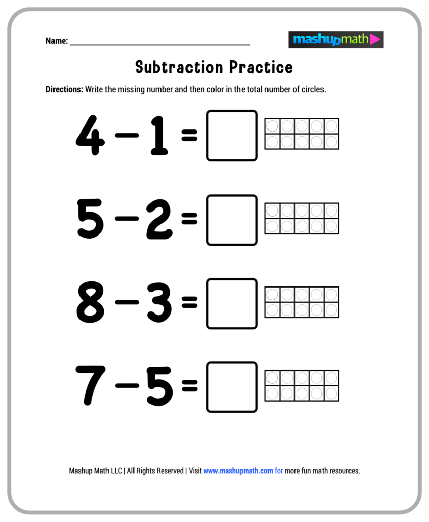 Free 1st Grade Math Worksheets – Subtraction Practice Free printable 1st grade math worksheet for subtraction practice with visual aids