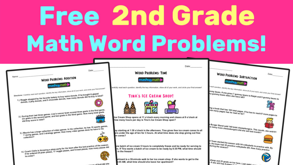Colorful free 2nd grade math word problems worksheet with fun illustrations