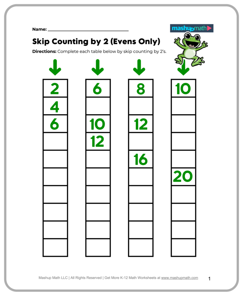 Free printable worksheet for second graders to practice skip counting by 2