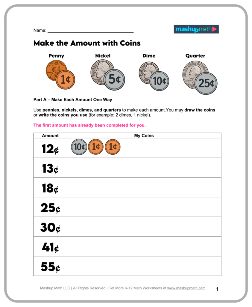 Free 2nd Grade Math Worksheets focusing on making amounts with coins for practical math skills