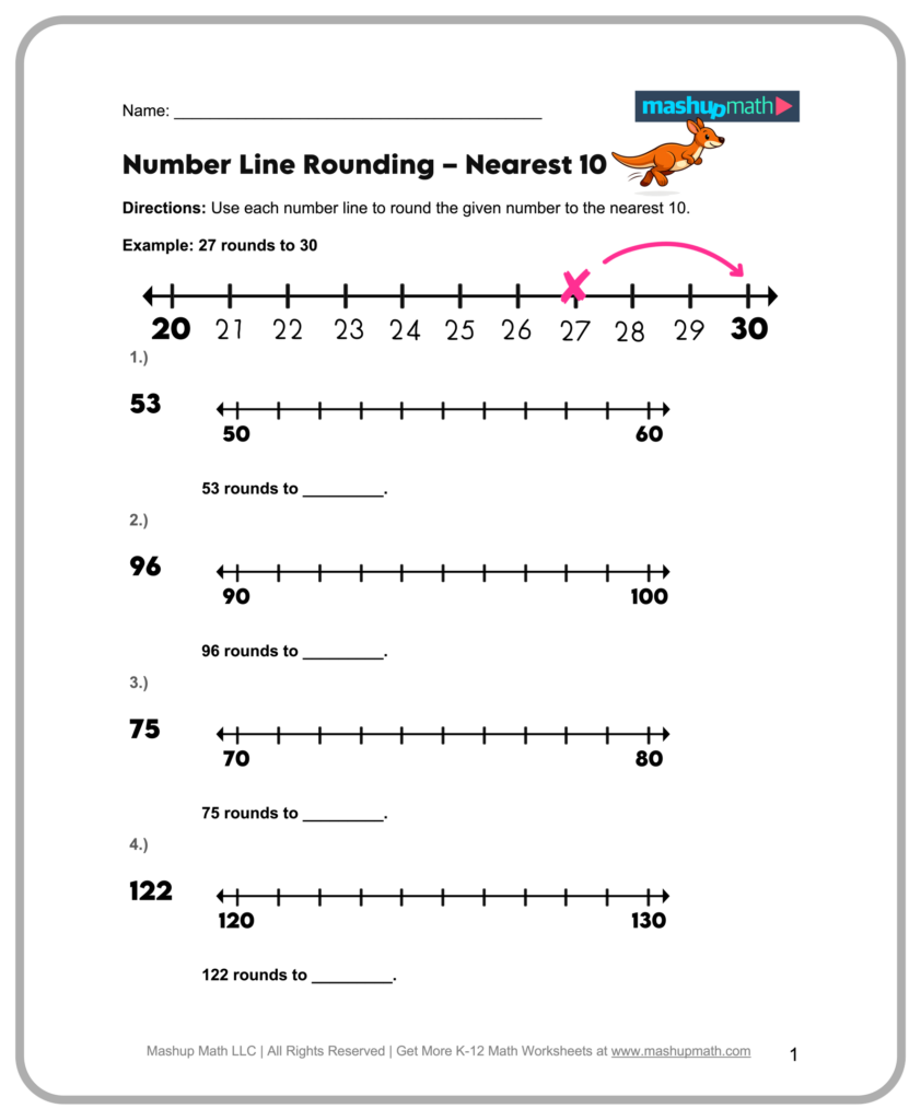 Colorful free math worksheets for 3rd graders focusing on number line rounding