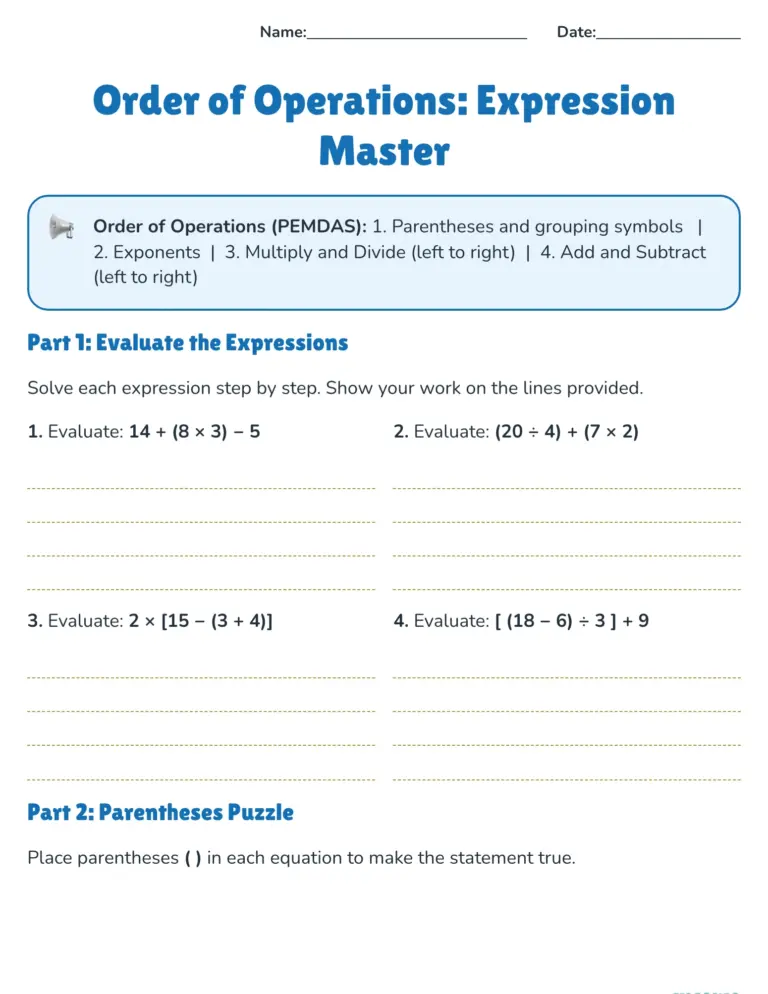Free 5th Grade Math Worksheets - order of operations