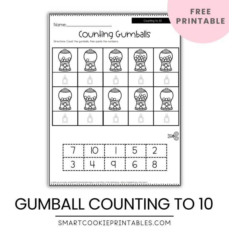 Free Bubble Gum Math Worksheets - free counting to 10 gumball worksheets