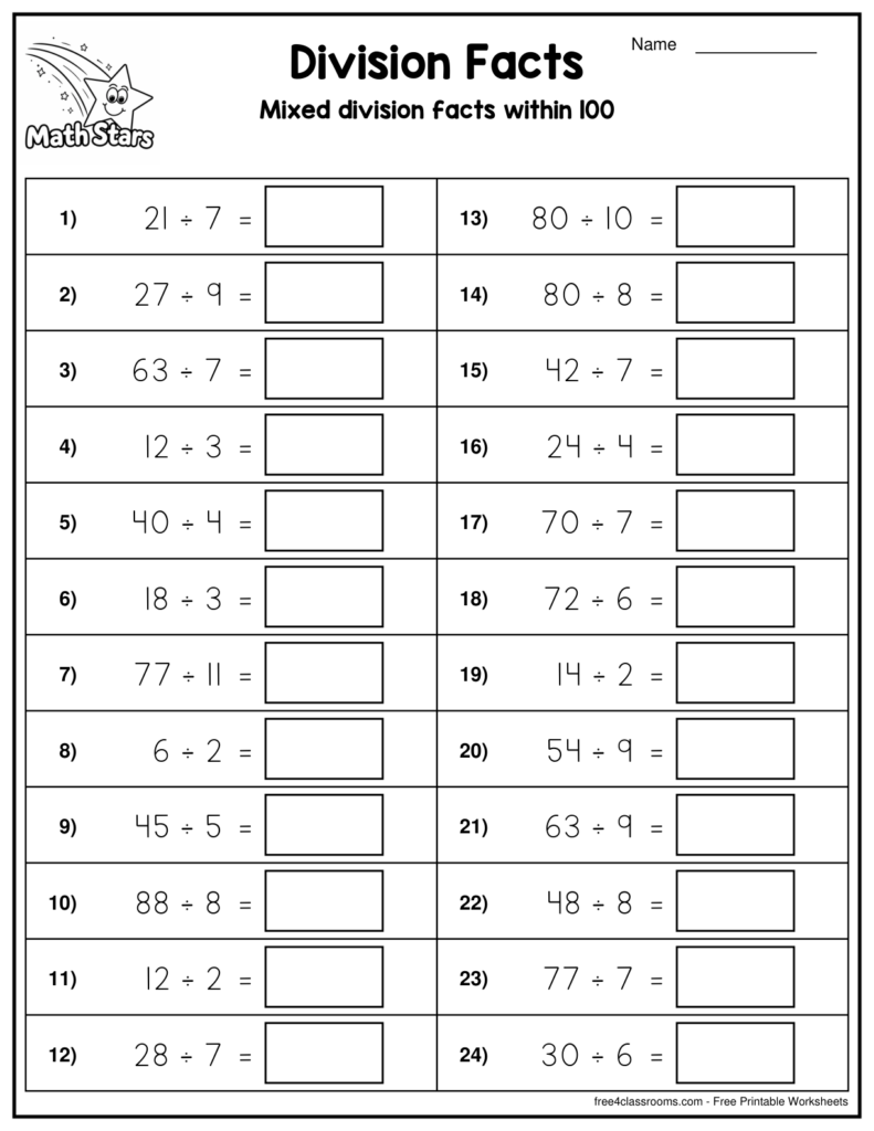 Free Division Facts Worksheet Within 100 Worksheet with mixed division facts within 100 for student practice