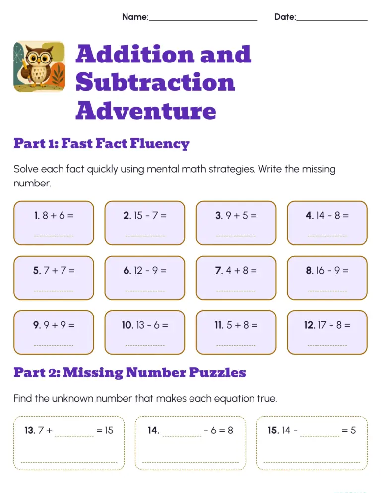 Free Grade 2 Math Worksheets featuring addition and subtraction problems for practice